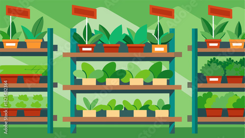 The vacant areas where leafy greens and herbs were once neatly arranged now only marked by empty racks and tags.. Vector illustration