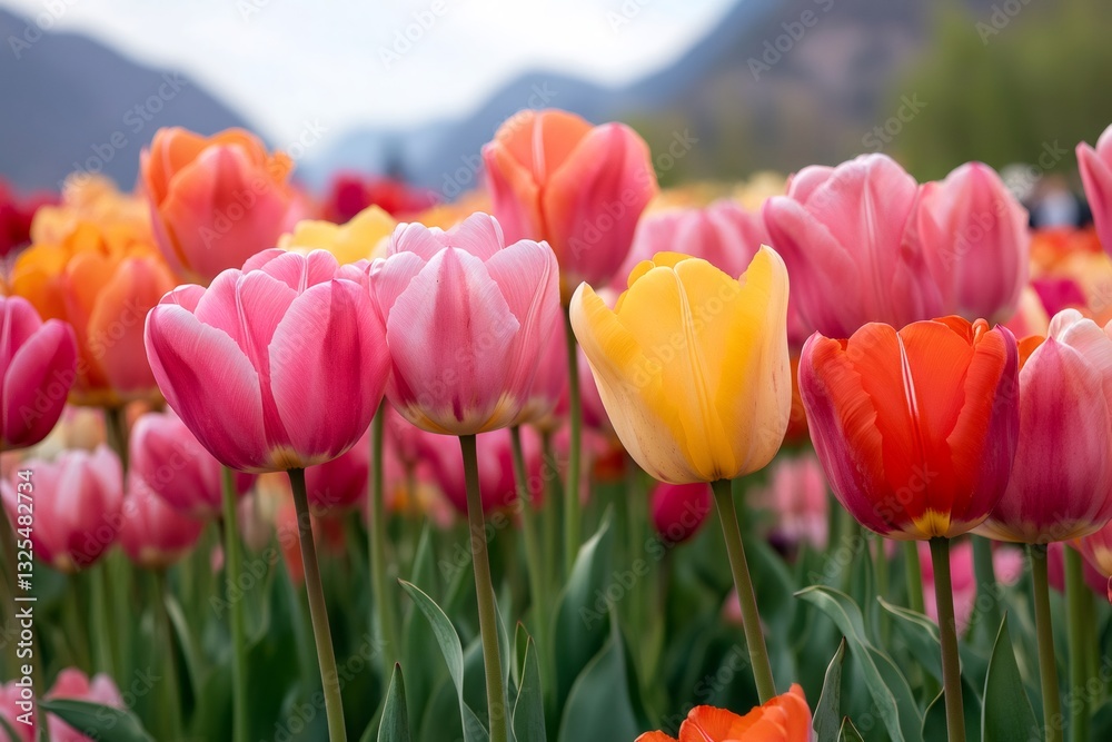 Colorful tulips blooming in a field with mountains in background Colorful tulips blooming in a field with mountains in background