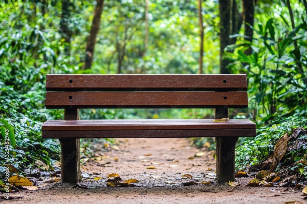 Tranquil park bench in a lush forest path Tranquil park bench in a lush forest path