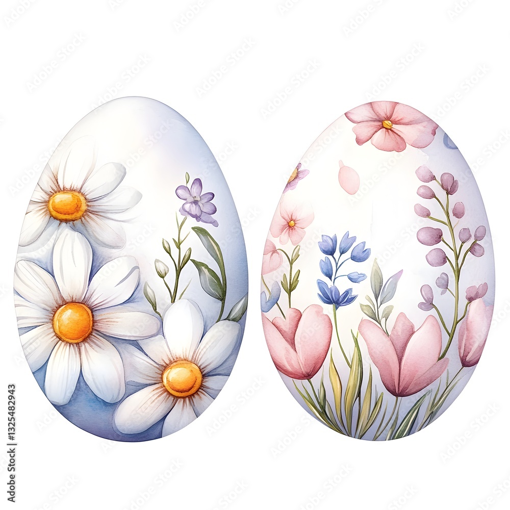 Fototapeta premium Two Watercolor Easter Eggs Decorated with Spring Flowers and Daisies