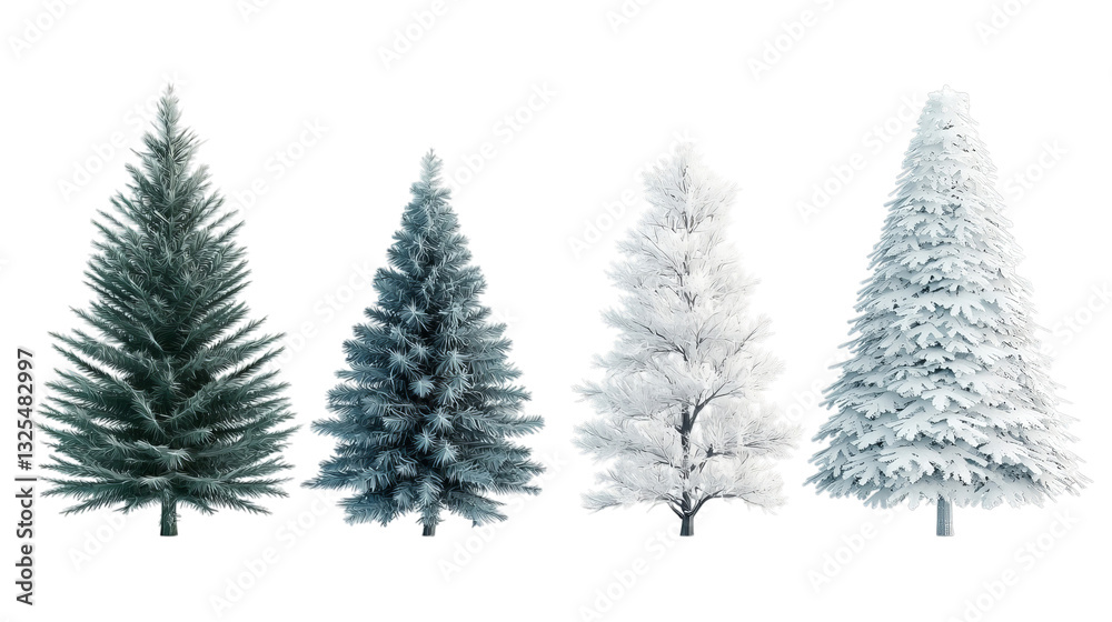 Fototapeta premium Png of A variety of Christmas trees showcasing green, silver, and snowy white hues on transparent background.