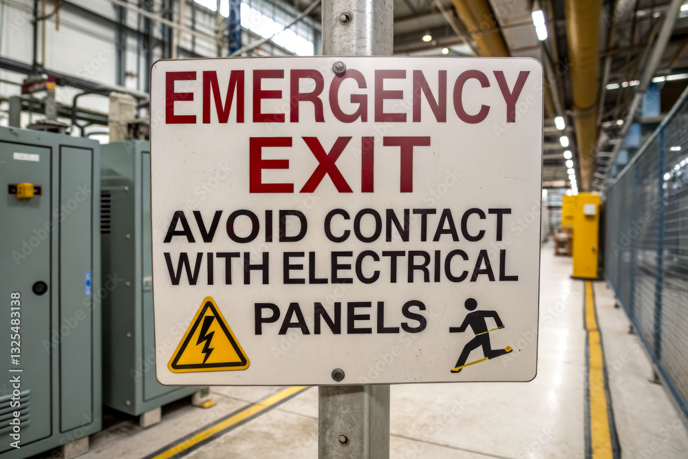 Obraz premium A safety sign indicating an emergency exit and warning against contact with electrical panels in an industrial setting.
