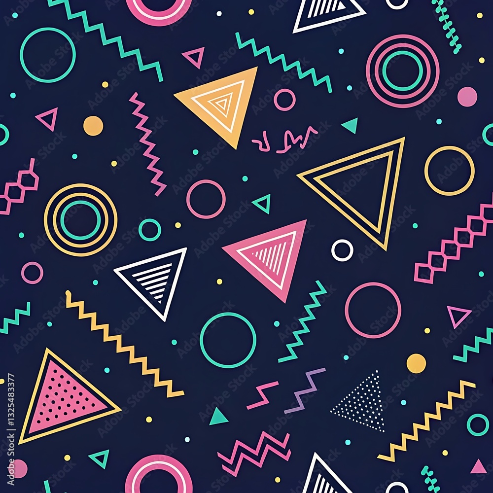 Obraz premium Geometric Symphony: A vibrant, symmetrical pattern composed of various geometric shapes and radiant colors. The artistic design exudes energy and a modern aesthetic.