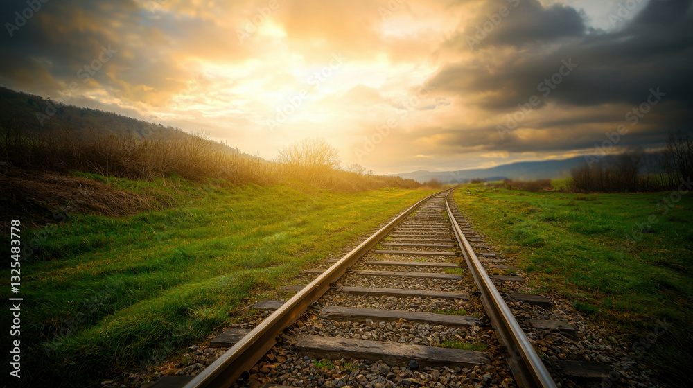 Fototapeta premium railway track stretching into horizon under beautiful sunset. scene evokes sense of tranquility and adventure