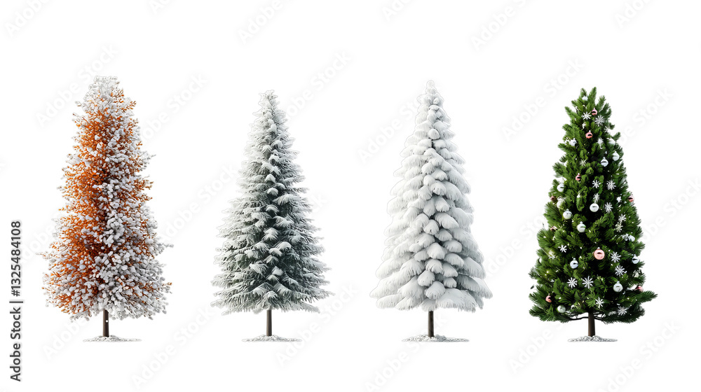 Obraz premium Png of Four distinct Christmas trees showcasing various styles and decorations on transparent background.