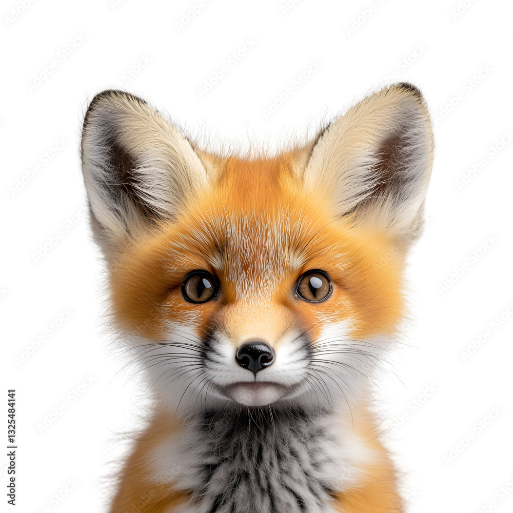 Fototapeta premium Adorable Red Fox Cub Portrait isolated on a transparent background, Cute Baby Fox Face with Big Eyes, Realistic Animal Illustration, Fluffy Fur Wildlife Artwork, High-Quality Digital Painting