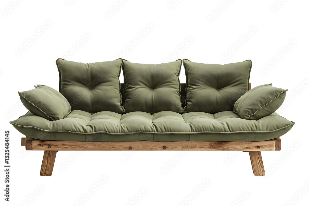 Fototapeta premium A comfortable green sofa bed with tufted cushions and a wooden frame, showcasing a versatile and stylish piece of furniture perfect for any living space isolated on a transparent background