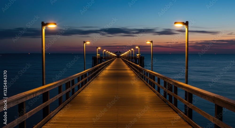 Fototapeta premium Serene wooden pier extending into calm waters at dusk, illuminated by warm lights under a twilight sky