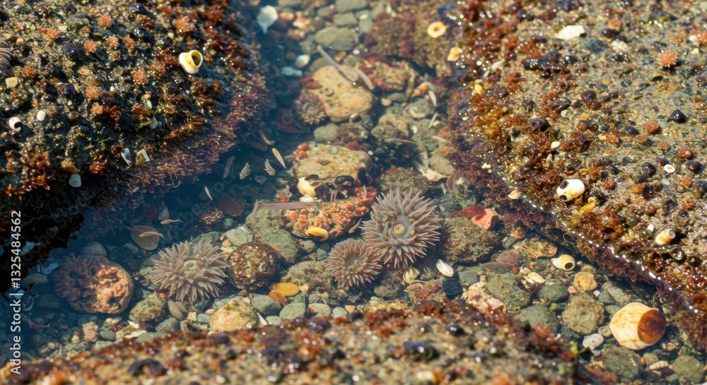 Underwater scene showcasing sea anemones and shells in a rocky tide pool on a sunny day