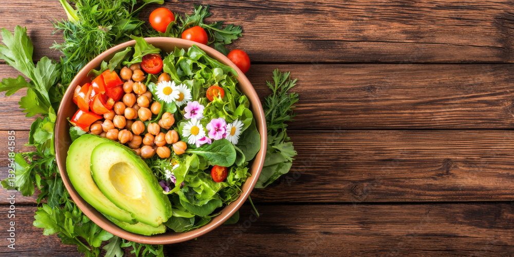 vibrant bowl of fresh salad featuring greens, tomatoes, chickpeas, and avocado, perfect for healthy meal vibrant bowl of fresh salad featuring greens, tomatoes, chickpeas, and avocado, perfect for healthy meal