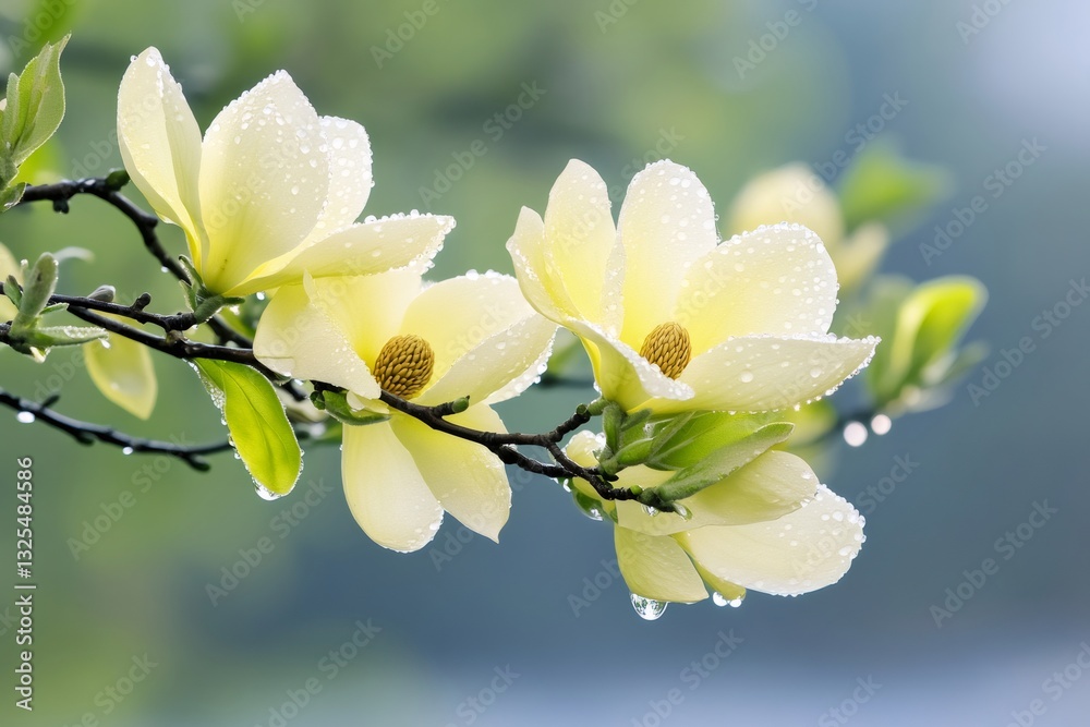 Delicate yellow magnolia flowers blooming after the rain Delicate yellow magnolia flowers blooming after the rain