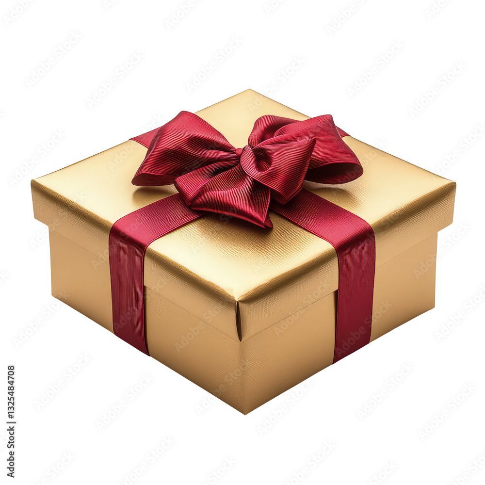 Fototapeta premium Elegant gold gift box with red ribbon bow on transparent background, cut out. Luxury present package for birthday, Christmas, or anniversary celebrations. Perfect for holiday, shopping