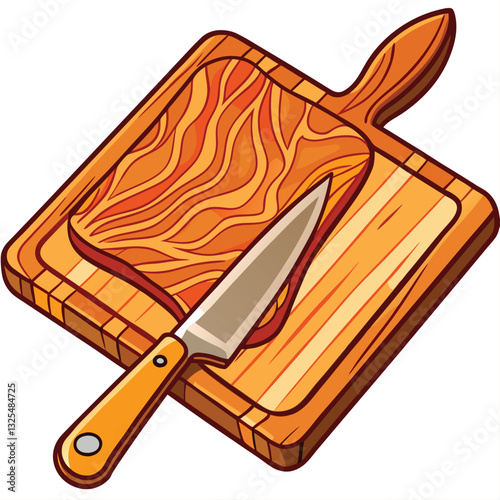 Close-up of a well-used wooden cutting board showing visible knife marks and a single, slightly askew, lemon slice.