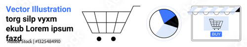 Shopping cart, pie chart with blue segment, and storefront window emphasizing e-commerce, sales analytics, marketing strategy, retail, data optimization, consumer behavior. Ideal for e-commerce