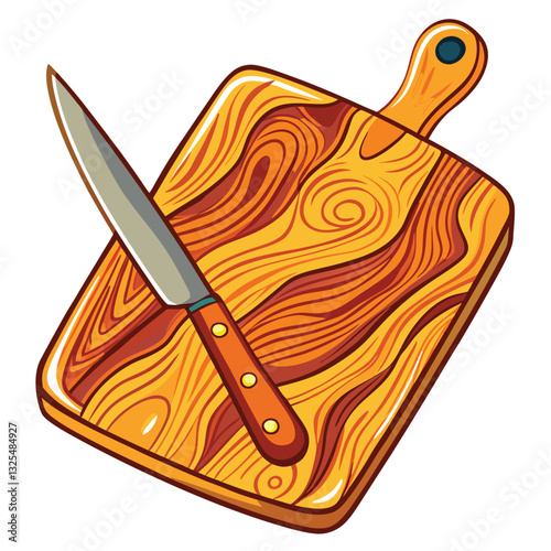 Close-up of a well-used wooden cutting board, showing deep knife marks and a slight discoloration from use.  High detail, realistic texture.