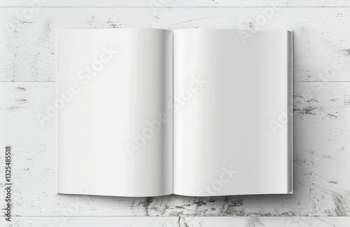 Minimalist white open magazine mockup on a clean white background, top view.