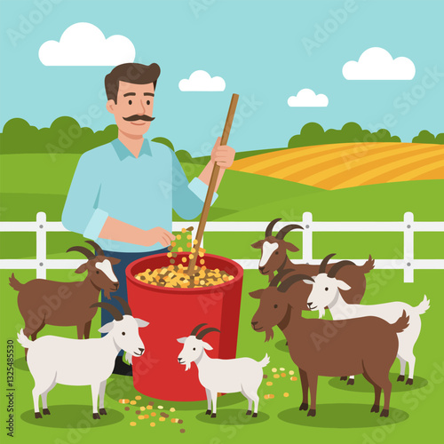 Man Feeding Goats From a Red Bucket on Farm Landscape
