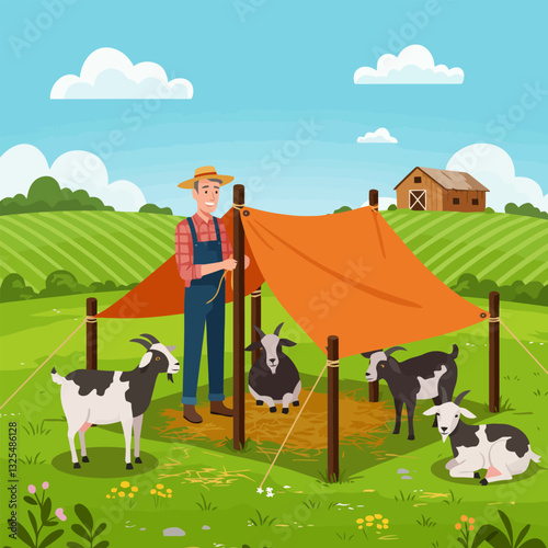 Farmer Building Shelter for Goats on a Sunny Rural Landscape