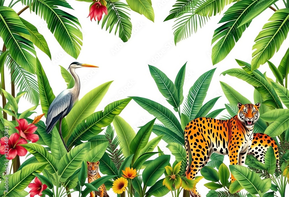 Obraz premium Seamless tropical jungle border with heron, crane, tiger, leopard, banana palms on white, tiger, backdrop
