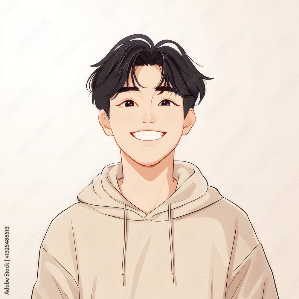 Smiling Young Man in Beige Hoodie Portrait Illustration Smiling Young Man in Beige Hoodie Portrait Illustration