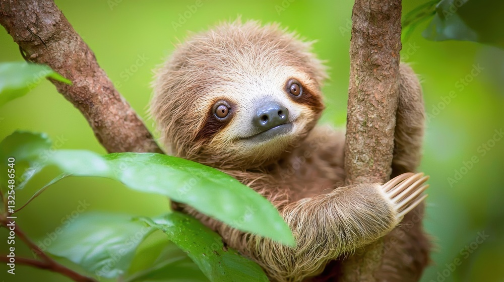 Fototapeta premium A cute sloth clings to a tree branch, surrounded by lush green leaves, showcasing its adorable face and relaxed demeanor.