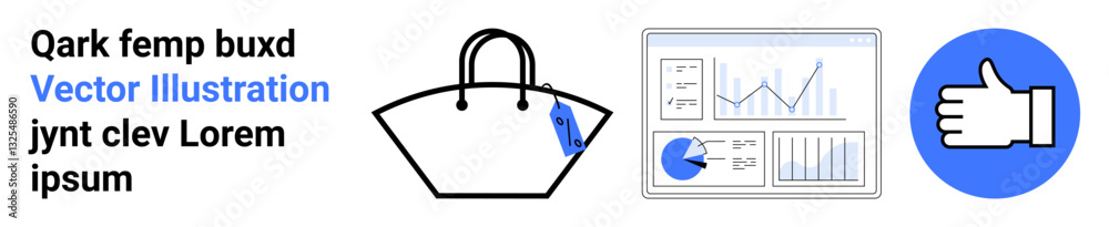 Shopping tote bag with pen, analytics dashboard with graphs and charts, and thumbs-up in blue circle. Ideal for online shopping, data analysis, marketing, customer feedback, branding, business Shopping tote bag with pen, analytics dashboard with graphs and charts, and thumbs-up in blue circle. Ideal for online shopping, data analysis, marketing, customer feedback, branding, business