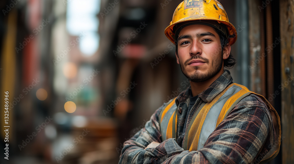 Construction worker in safety gear, focused and determined, with a blurred worksite behind. Dedication and resilience in modern industry. Construction worker in safety gear, focused and determined, with a blurred worksite behind. Dedication and resilience in modern industry.