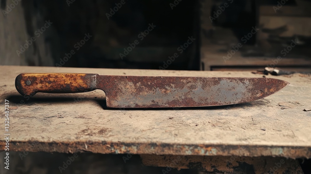 Rusty chef's knife on weathered workbench in dark workshop Rusty chef's knife on weathered workbench in dark workshop