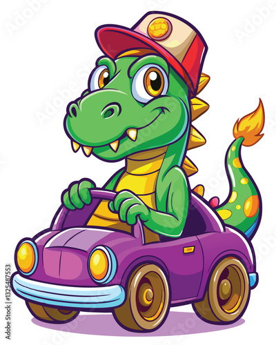 A cartoon dinosaur wearing a green cap, merrily driving a vintage car.  The scene is bright and cheerful.