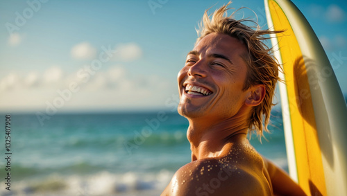 Young surfer at beach, smiling while carrying surf board 