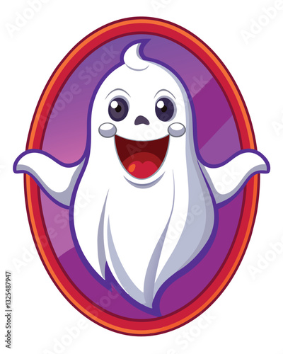 A friendly, giggling ghost playfully peeking from behind a billowing white sheet, rosy cheeks visible, mischievous expression.