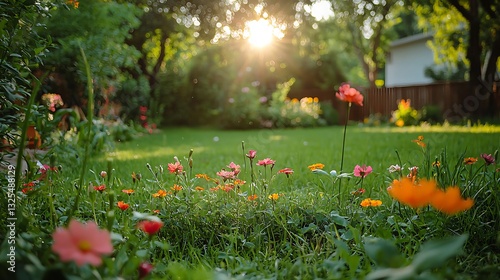 Sunlit Garden Flowers at Golden Hour. A picturesque scene of vibrant blooms in a lush green backyard, bathed in the warm glow of the setting sun.