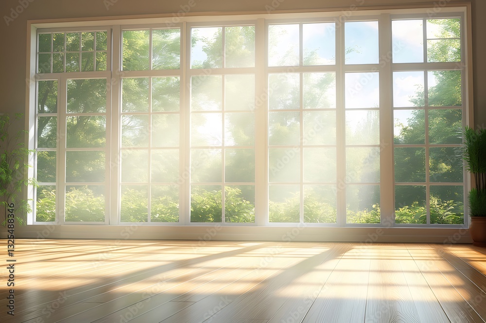 Bright Sunlight Streaming Through Large Window in Modern Room Bright Sunlight Streaming Through Large Window in Modern Room
