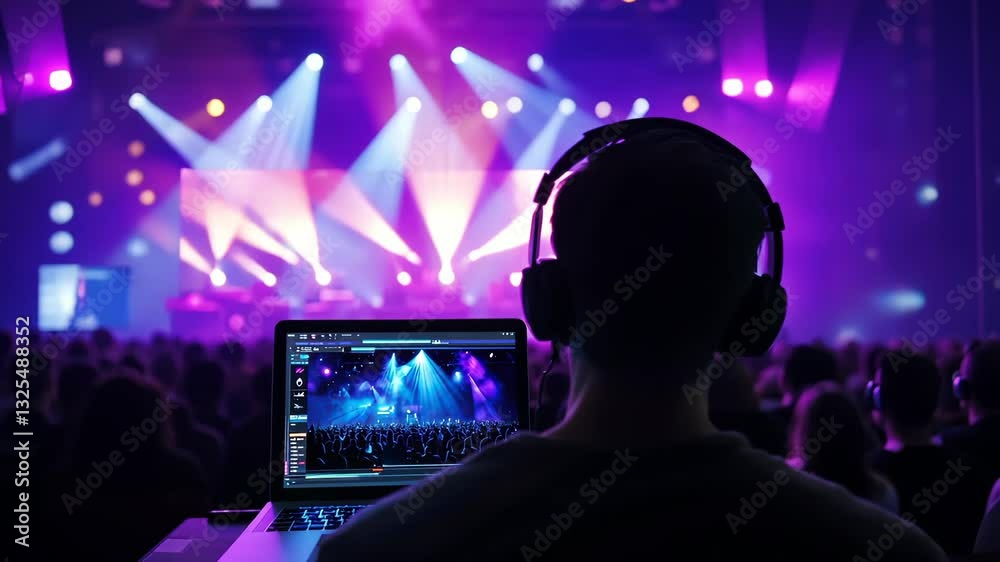 Concert light show controlled by live dj using laptop for crowd entertainment