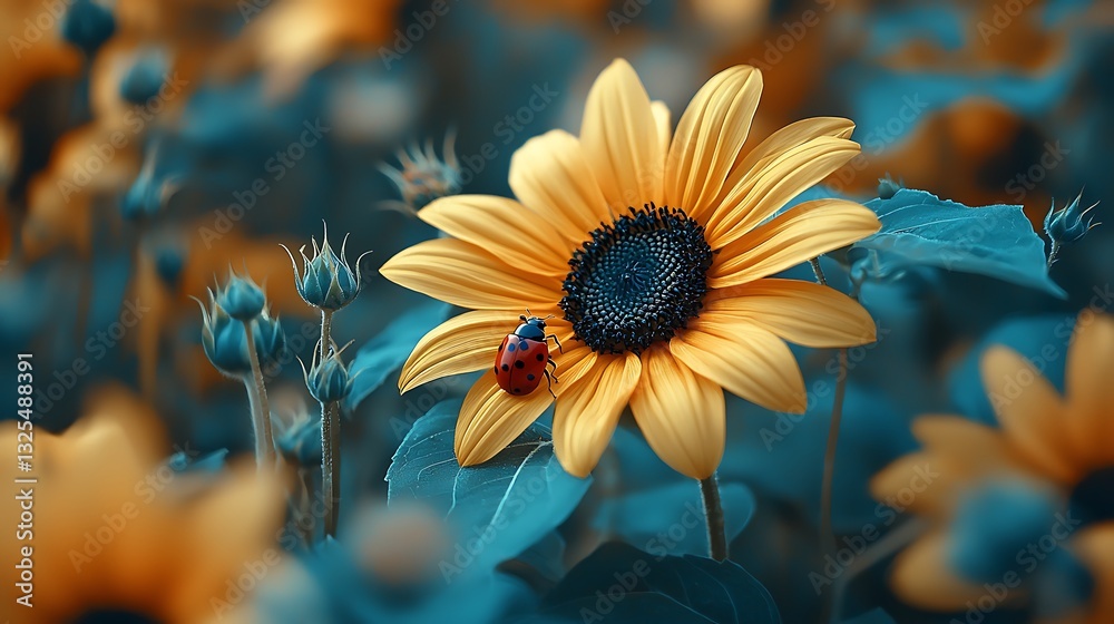 A Ladybug Resting on a Vibrant Sunflower in a Field of Blooms. A Ladybug Resting on a Vibrant Sunflower in a Field of Blooms.