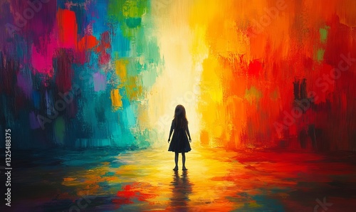 a silhouette of a child standing in front of a colorful background that evoke wonder and imagination