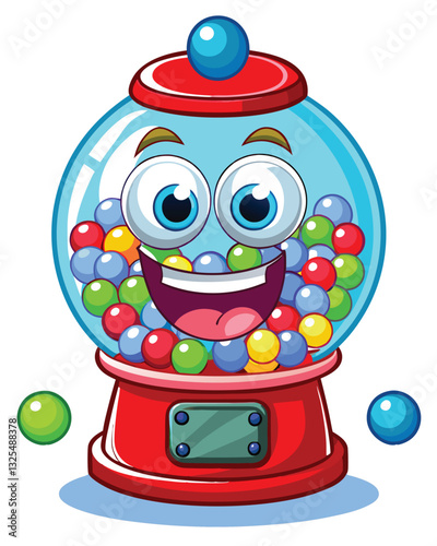 A whimsical, cartoonish gumball machine with exaggerated features; bright, playful colors; possibly goofy eyes and a silly expression.  Rendered in a fun, slightly surreal style.