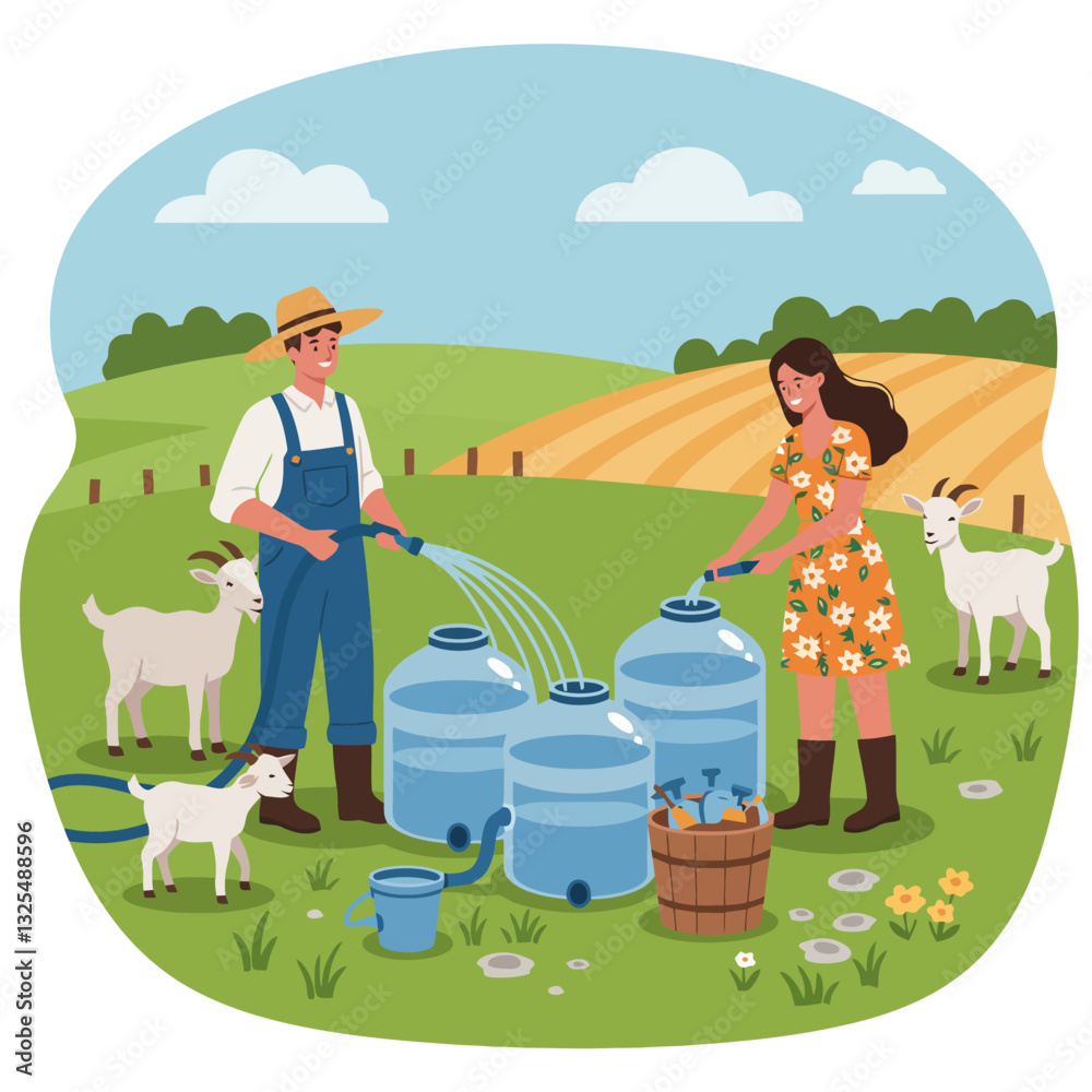Fototapeta premium Couple Filling Water Tanks for Goats on Farm with Hose
