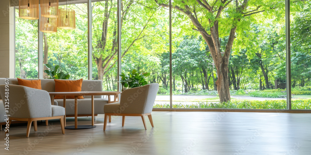 Fototapeta premium bright, spacious lounge area with modern furniture and large windows showcasing greenery