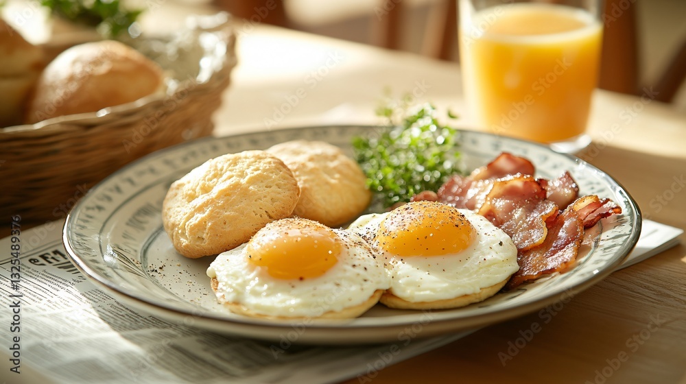 Delicious Breakfast Feast with Eggs Bacon and Toast in Cozy Kitchen Setting Delicious Breakfast Feast with Eggs Bacon and Toast in Cozy Kitchen Setting