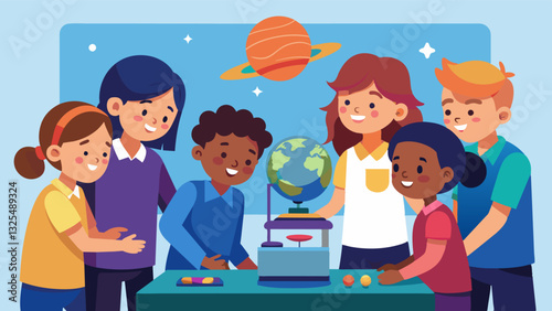 In a schools STEAM lab a group of eager students excitedly huddle around a 3D printer that is in the process of creating intricate and colorful models of the solar system.. Vector illustration