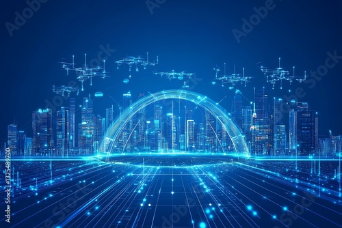 Drones flying over glowing city bridge, digital background, potentially for technology uses