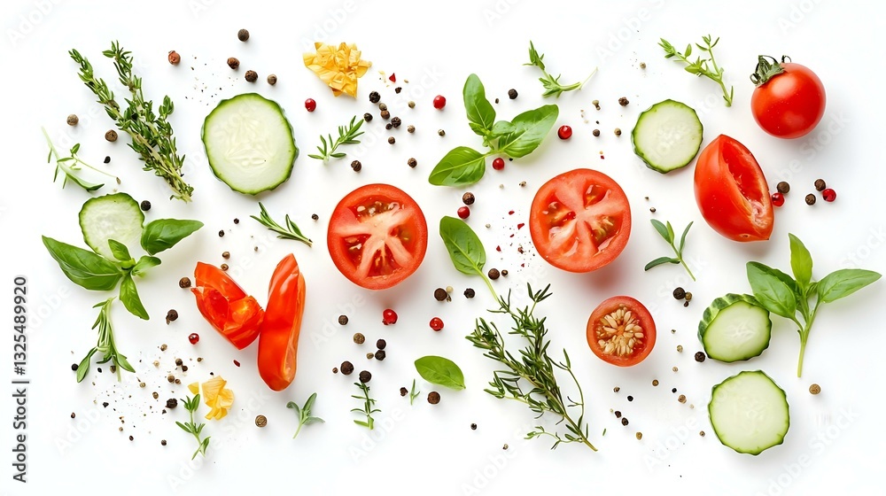 Cut vegetables herbs and spices on white Cut vegetables herbs and spices on white