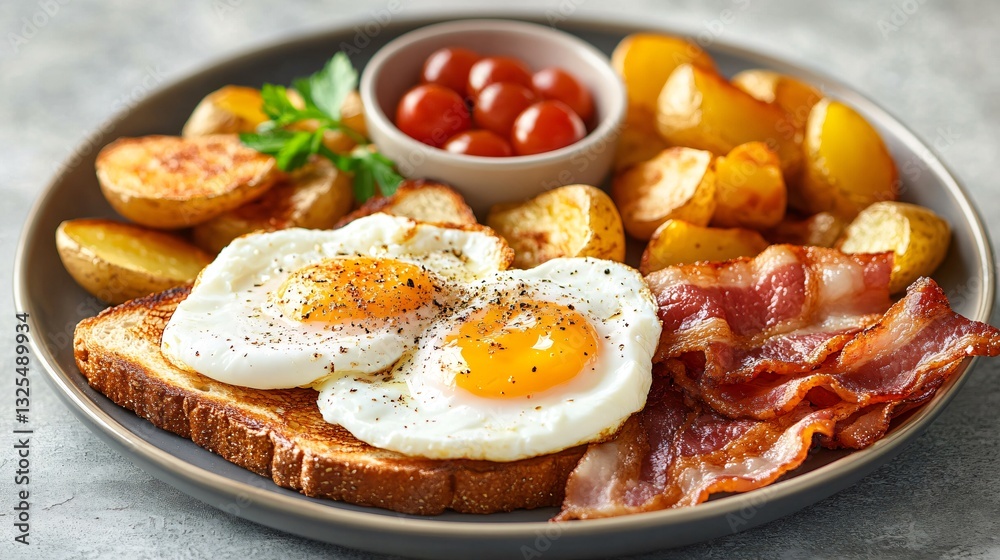 Delicious Breakfast Feast Eggs Bacon and Potatoes on a Plate Kitchen Food Photography Cozy Atmosphere Delicious Breakfast Feast Eggs Bacon and Potatoes on a Plate Kitchen Food Photography Cozy Atmosphere
