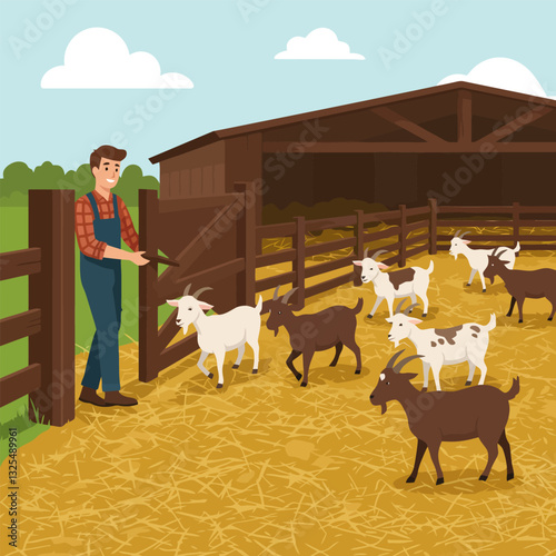 Farmer Opening Gate Letting Goats Into a Barn on a Farm