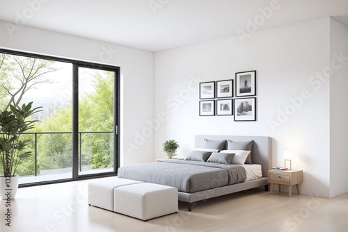 modern minimalist bedroom large window trees photos bed ottoman