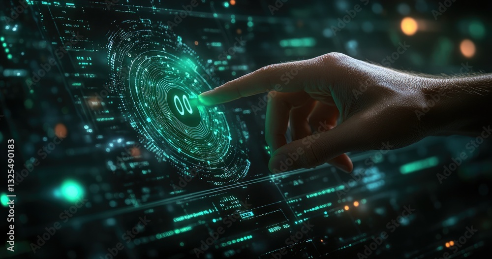Fototapeta premium Futuristic Cybersecurity Visualization Digital Lock Hologram on Outstretched Hand - Advanced Tech Interfaces for Cutting-Edge Information Security and Corporate Cyber Defense