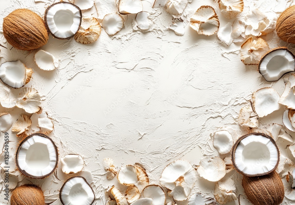 Fototapeta premium Natural Coconut Shells and White Coconut Pieces Surrounded by Dried Coconut Leaves on Light Textured Background for Tropical or Summer Themes