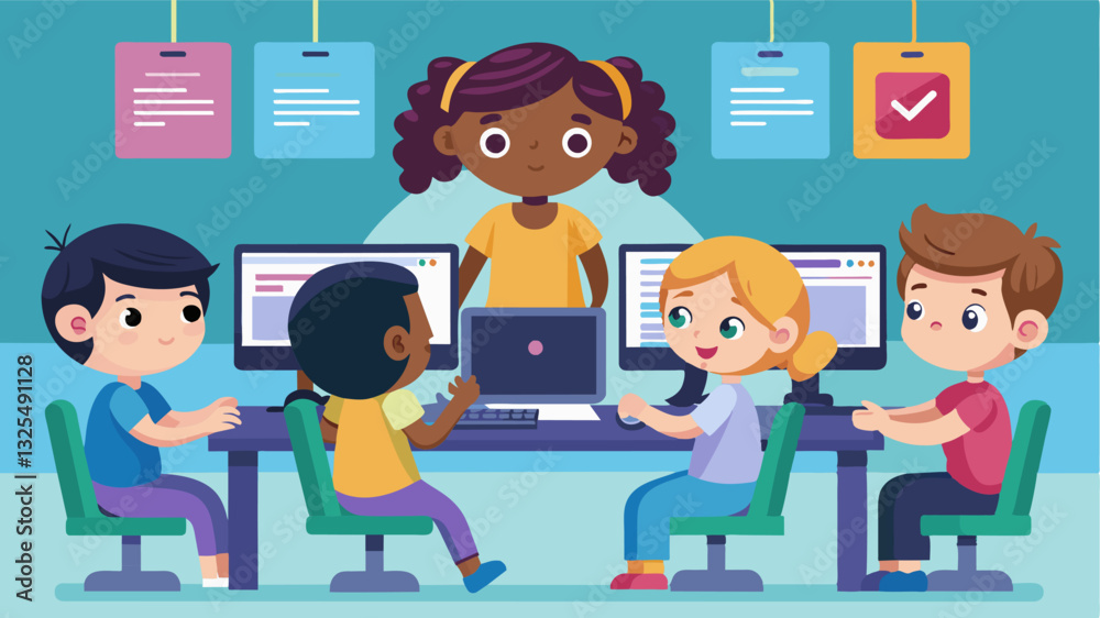 In a classroom filled with buzzing computers children collaborate on a Java program that simulates a virtual pet.. Vector illustration In a classroom filled with buzzing computers children collaborate on a Java program that simulates a virtual pet.. Vector illustration