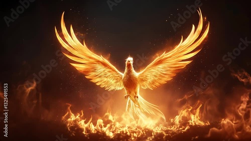 Phoenix Rising: A majestic phoenix, engulfed in flames, rises with wings spread wide against a dramatic backdrop of fire and smoke, symbolizing rebirth, transformation, and eternal life.